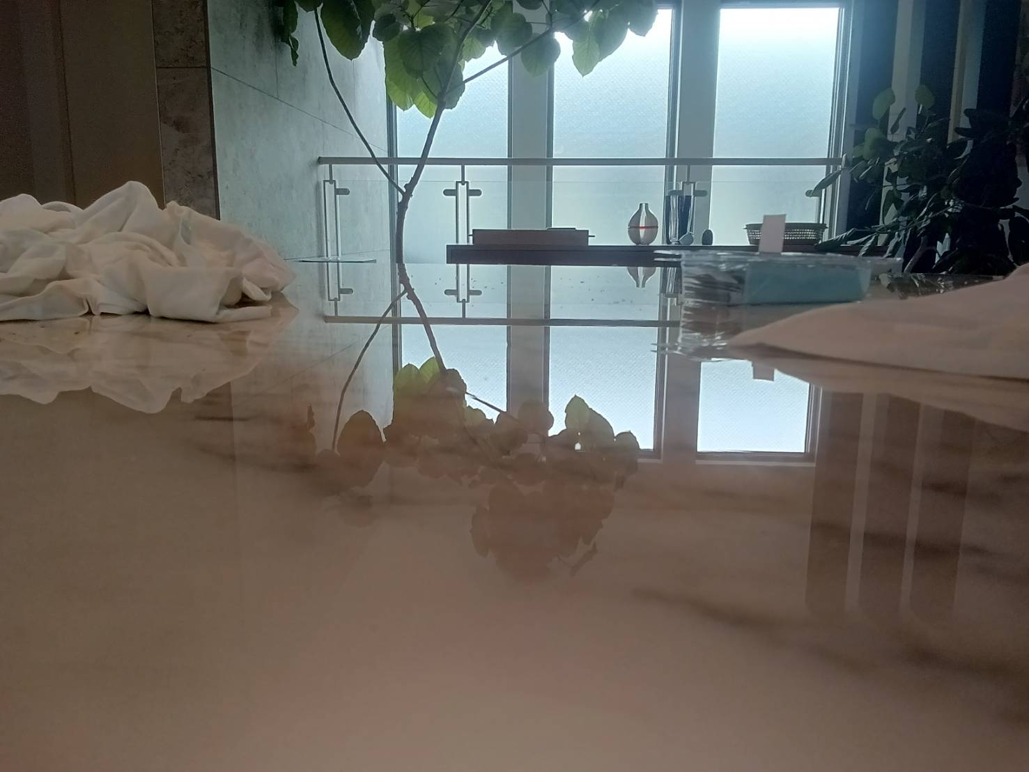 補修後の大理石天板に窓や観葉植物が歪みなく映り込んでいる